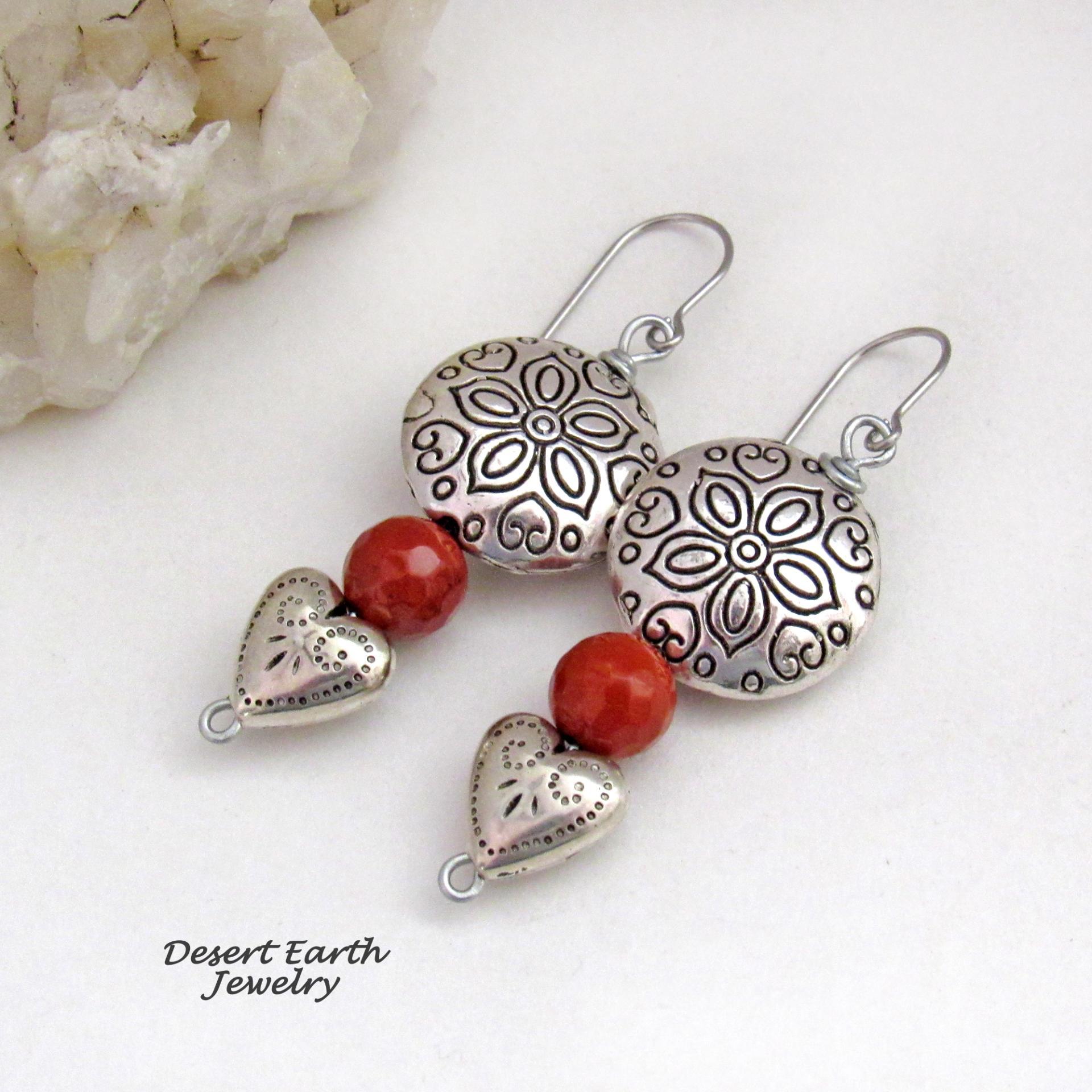 Hearts and Flowers Pewter Earrings with Red Coral and Small Heart Dangles - Unique Valentine Jewelry Gifts for Women - 10th Anniversary Gift for Wife