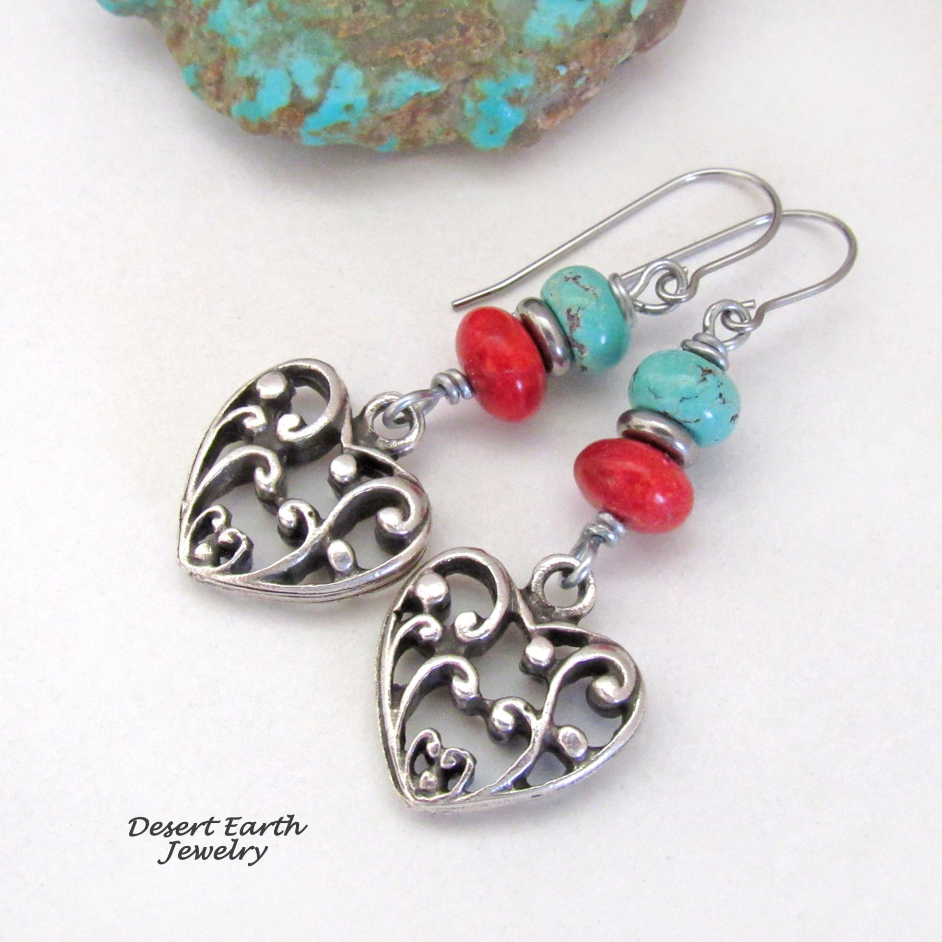 Pewter Heart Filigree Earrings with Turquoise and Red Coral - Sundance Southwest Style Jewelry - Valentine Jewelry Gifts for Women