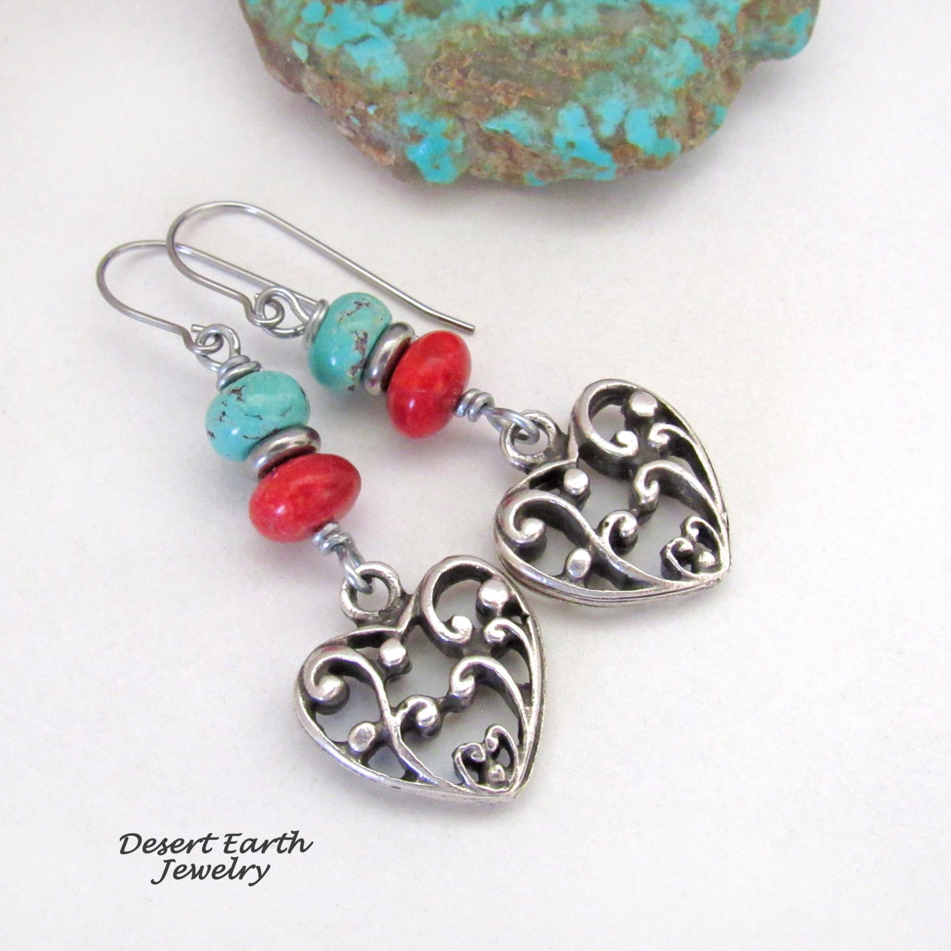 Pewter Heart Filigree Earrings with Turquoise and Red Coral - Sundance Southwest Style Jewelry - Valentine Jewelry Gifts for Women