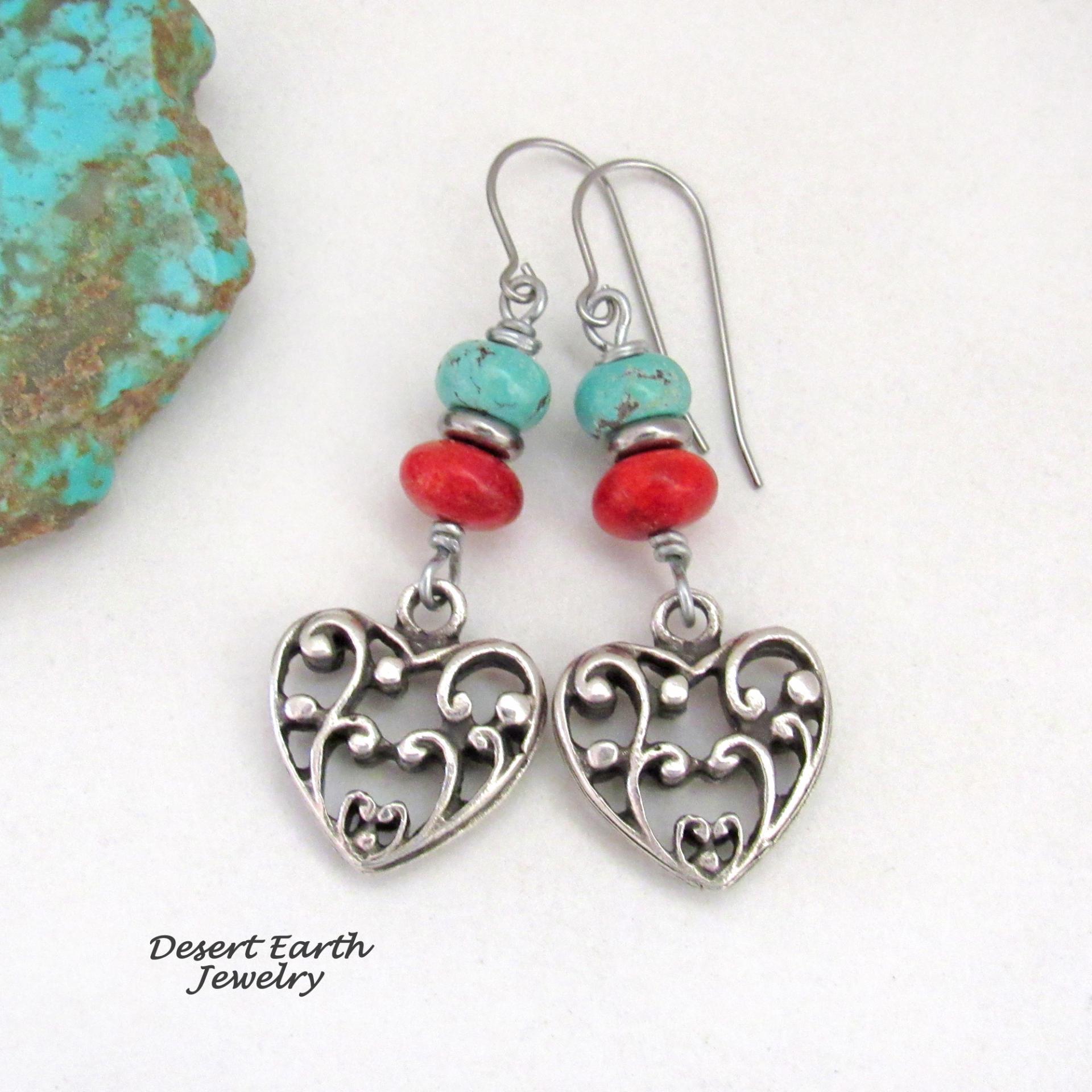 Pewter Heart Filigree Earrings with Turquoise and Red Coral - Sundance Southwest Style Jewelry - Valentine Jewelry Gifts for Women