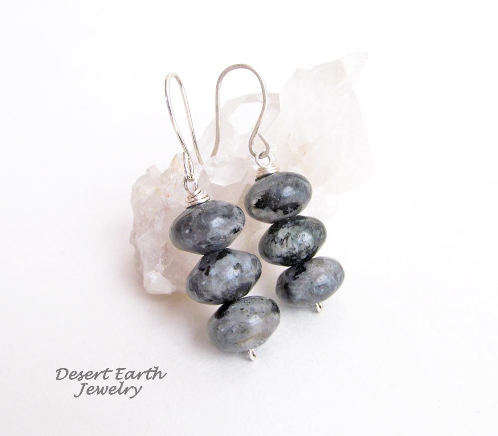 Larvikite Gemstone Dangle Earrings on Sterling Silver Ear Wires - Black Labradorite Norwegian Moonstone Jewelry 