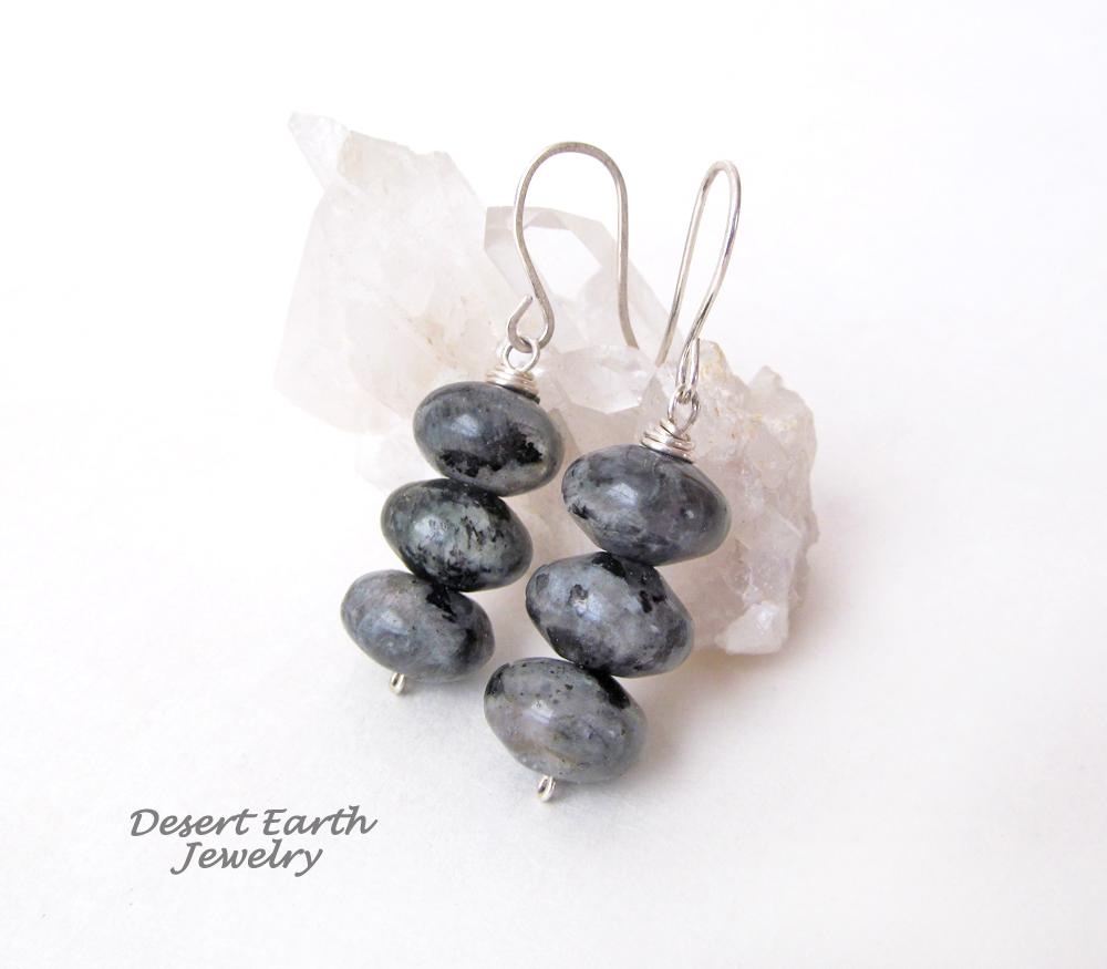 Larvikite Gemstone Dangle Earrings on Sterling Silver Ear Wires - Black Labradorite Norwegian Moonstone Jewelry 