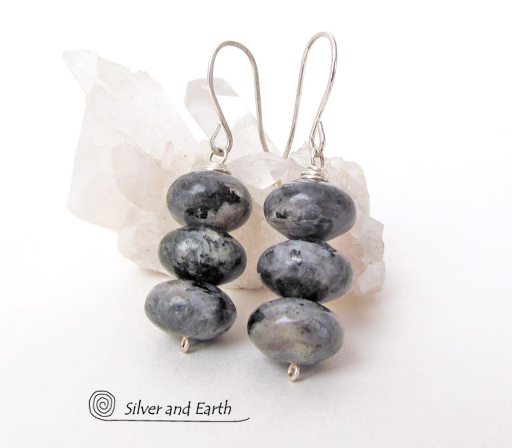 Larvikite Gemstone Dangle Earrings on Sterling Silver Ear Wires - Black Labradorite Norwegian Moonstone Jewelry 