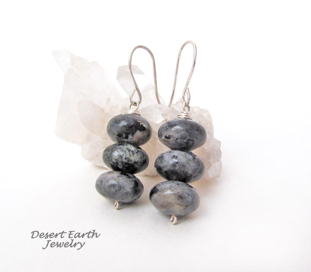 Larvikite Gemstone Dangle Earrings on Sterling Silver Ear Wires - Black Labradorite Norwegian Moonstone Jewelry 