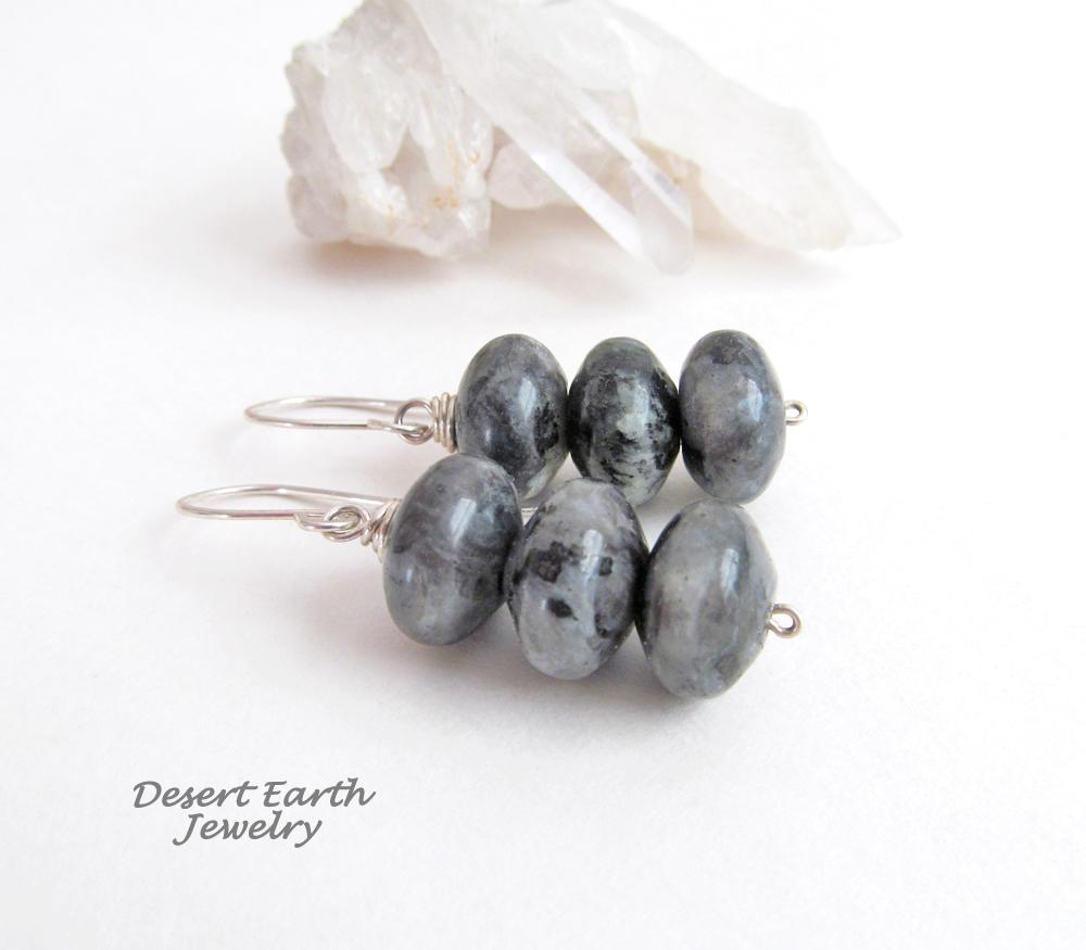 Larvikite Gemstone Dangle Earrings on Sterling Silver Ear Wires - Black Labradorite Norwegian Moonstone Jewelry 