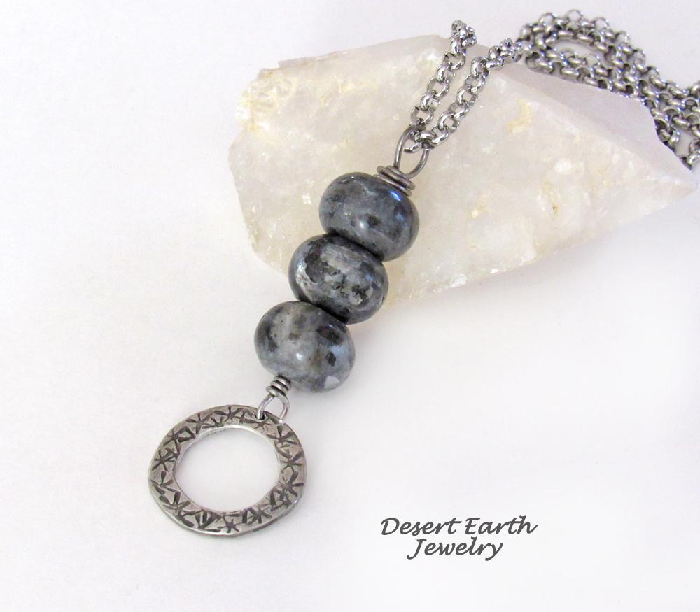 Larvikite Necklace with Pewter Circle Hoop Dangle - Black Labradorite Norwegian Moonstone Jewelry