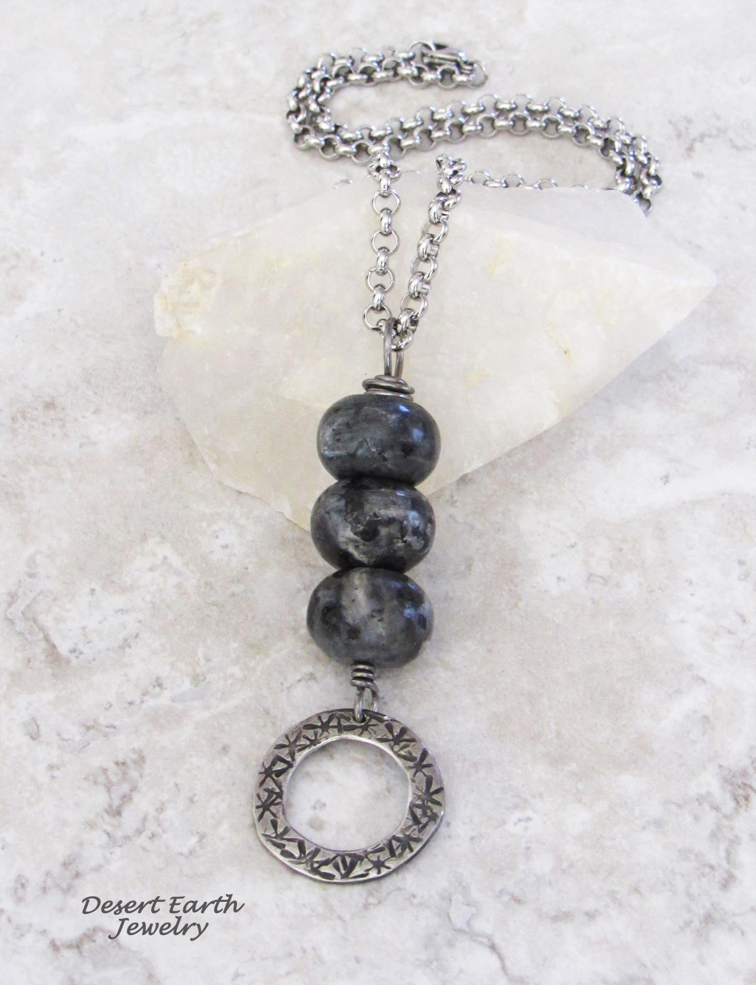 Larvikite Necklace with Pewter Circle Hoop Dangle - Black Labradorite Norwegian Moonstone Jewelry