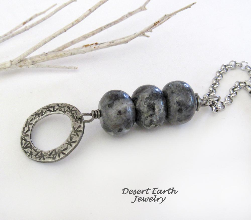 Larvikite Necklace with Pewter Circle Hoop Dangle - Black Labradorite Norwegian Moonstone Jewelry