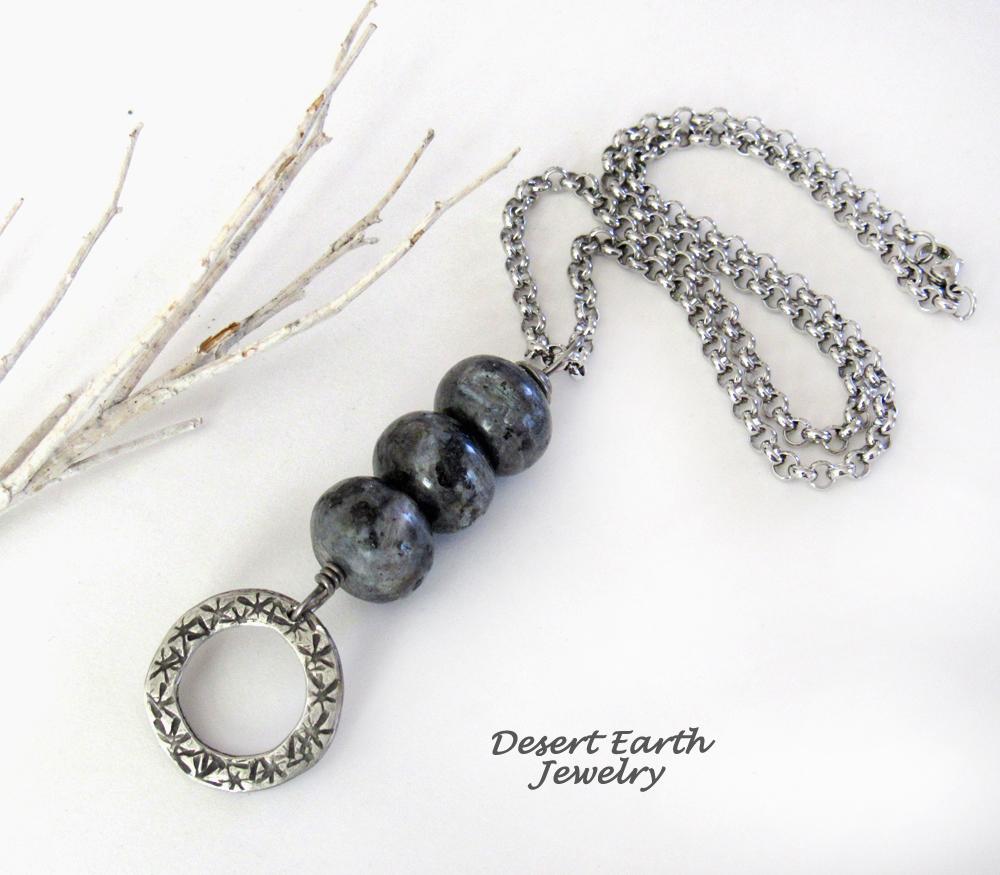 Larvikite Necklace with Pewter Circle Hoop Dangle - Black Labradorite Norwegian Moonstone Jewelry