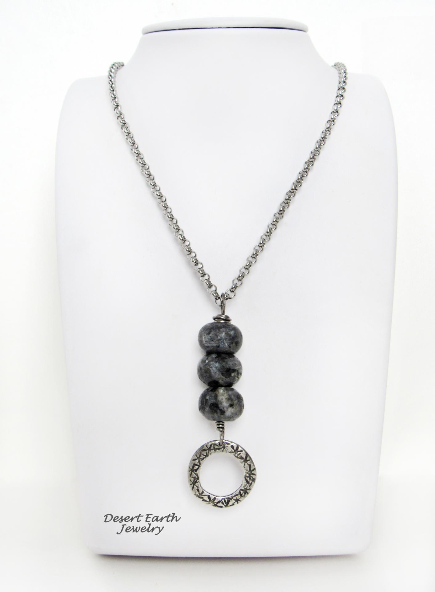 Larvikite Necklace with Pewter Circle Hoop Dangle - Black Labradorite Norwegian Moonstone Jewelry