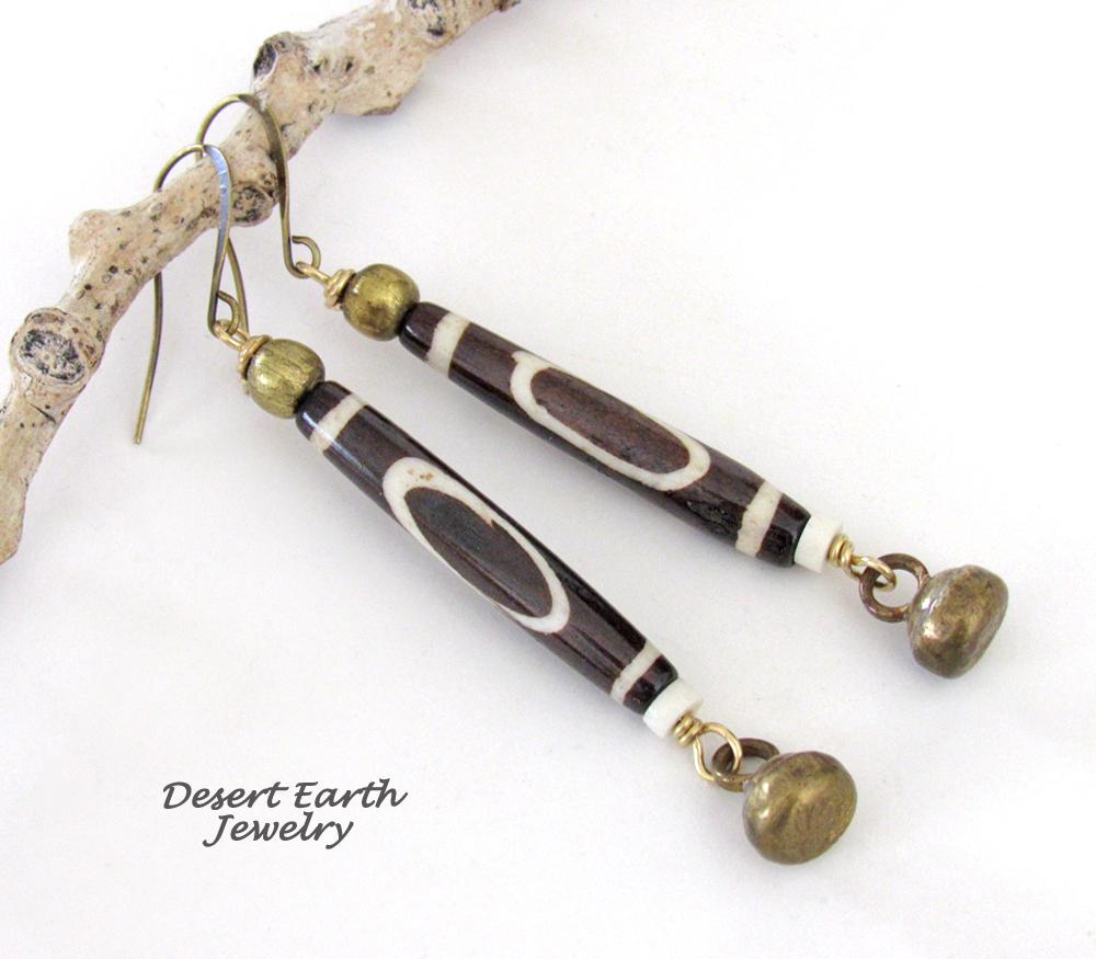 Long African Batik Bone Bead Earrings with Brass Bell Dangles - Handmade Ethnic Boho Tribal Jewelry