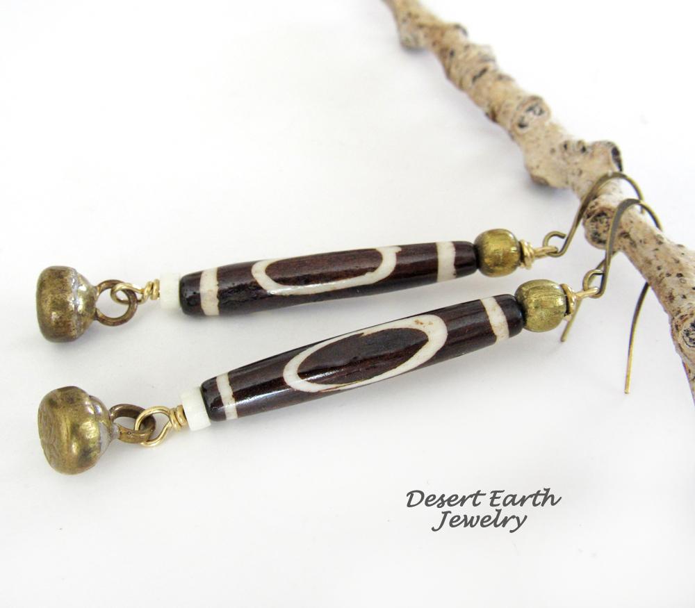 Long African Batik Bone Bead Earrings with Brass Bell Dangles - Handmade Ethnic Boho Tribal Jewelry