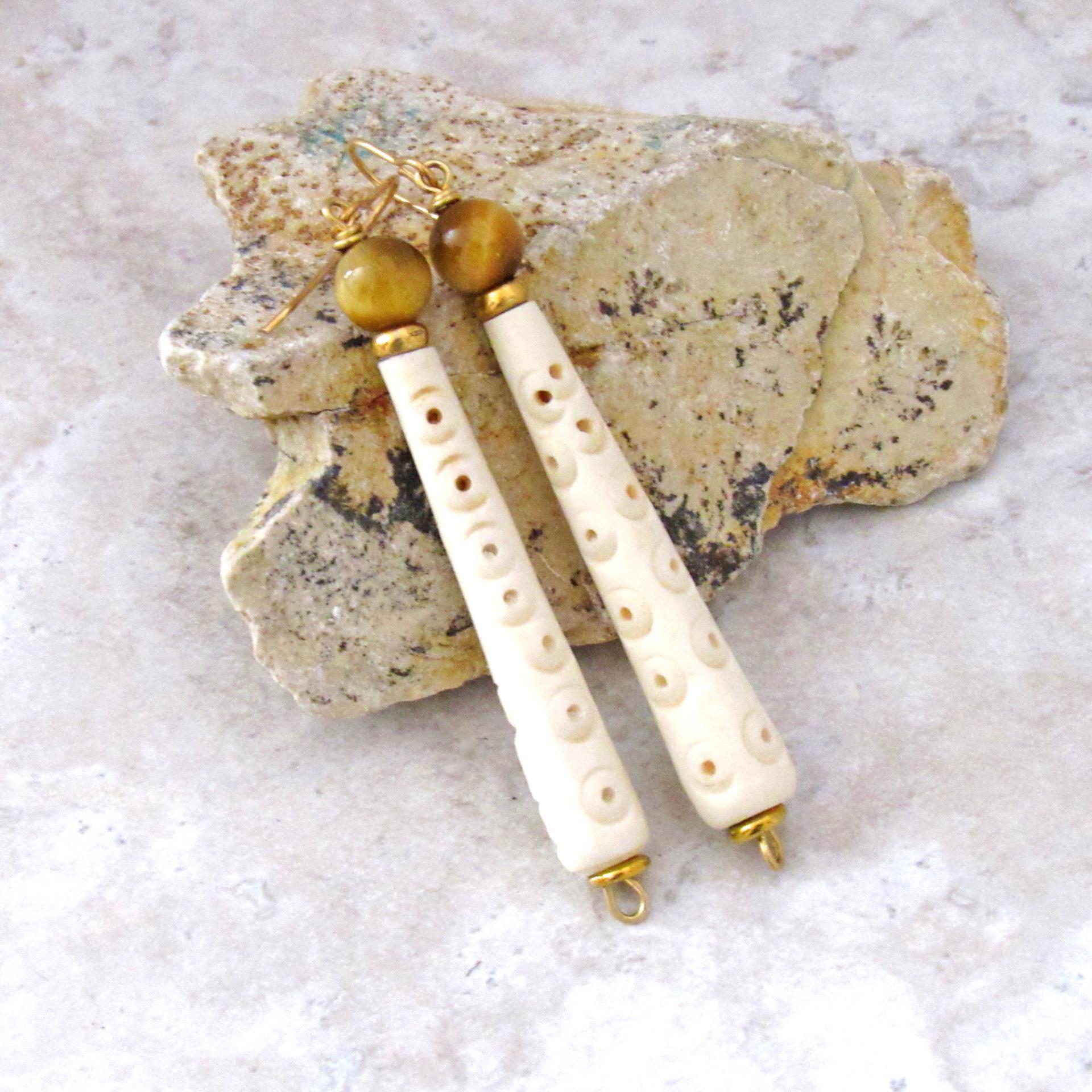 Long African Carved Bone Earrings with Golden Brown Tiger's Eye Gemstones