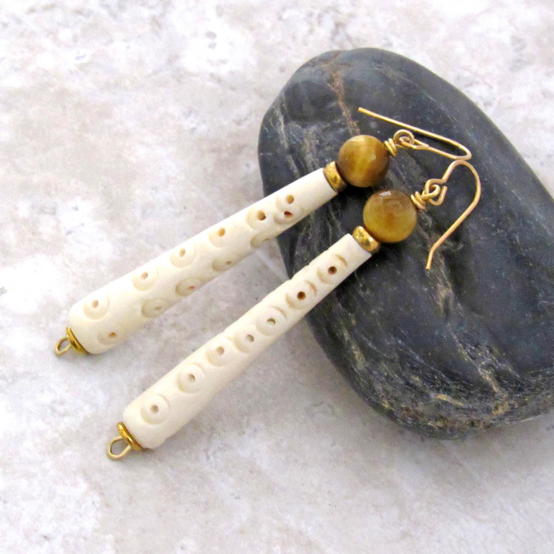 Long African Carved Bone Earrings with Golden Brown Tiger's Eye Gemstones