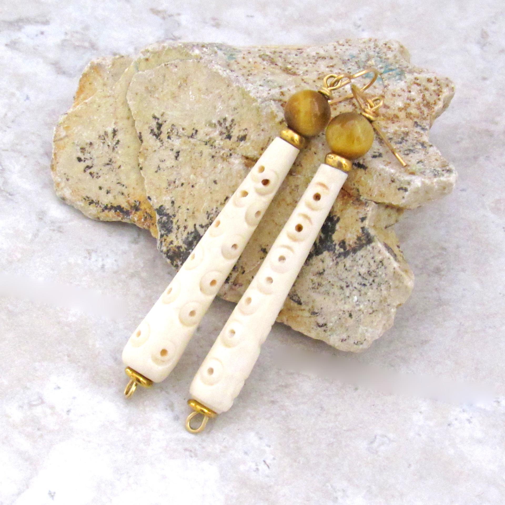 Long African Carved Bone Earrings with Golden Brown Tiger's Eye Gemstones