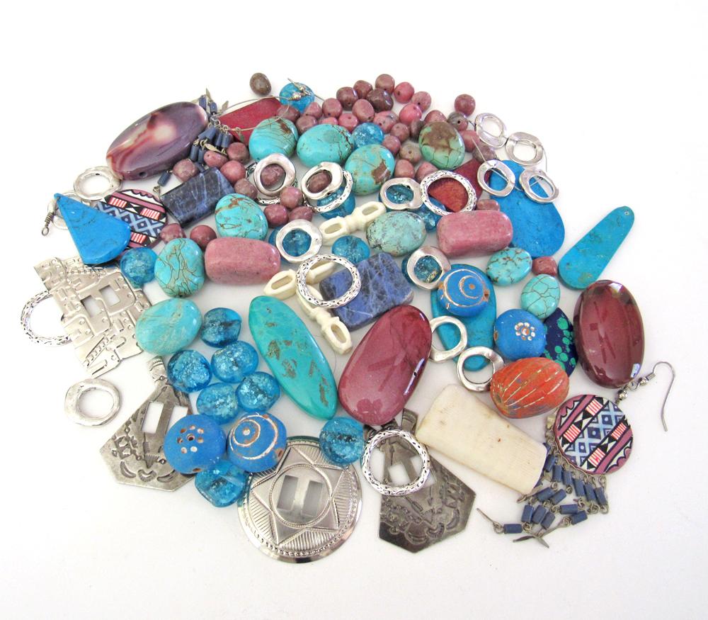 Jewelry Making Bead Lot of Mixed Gemstones, Beads, Metal Components, Southwest Conchos in Turquoise, Blue and Pink Hues