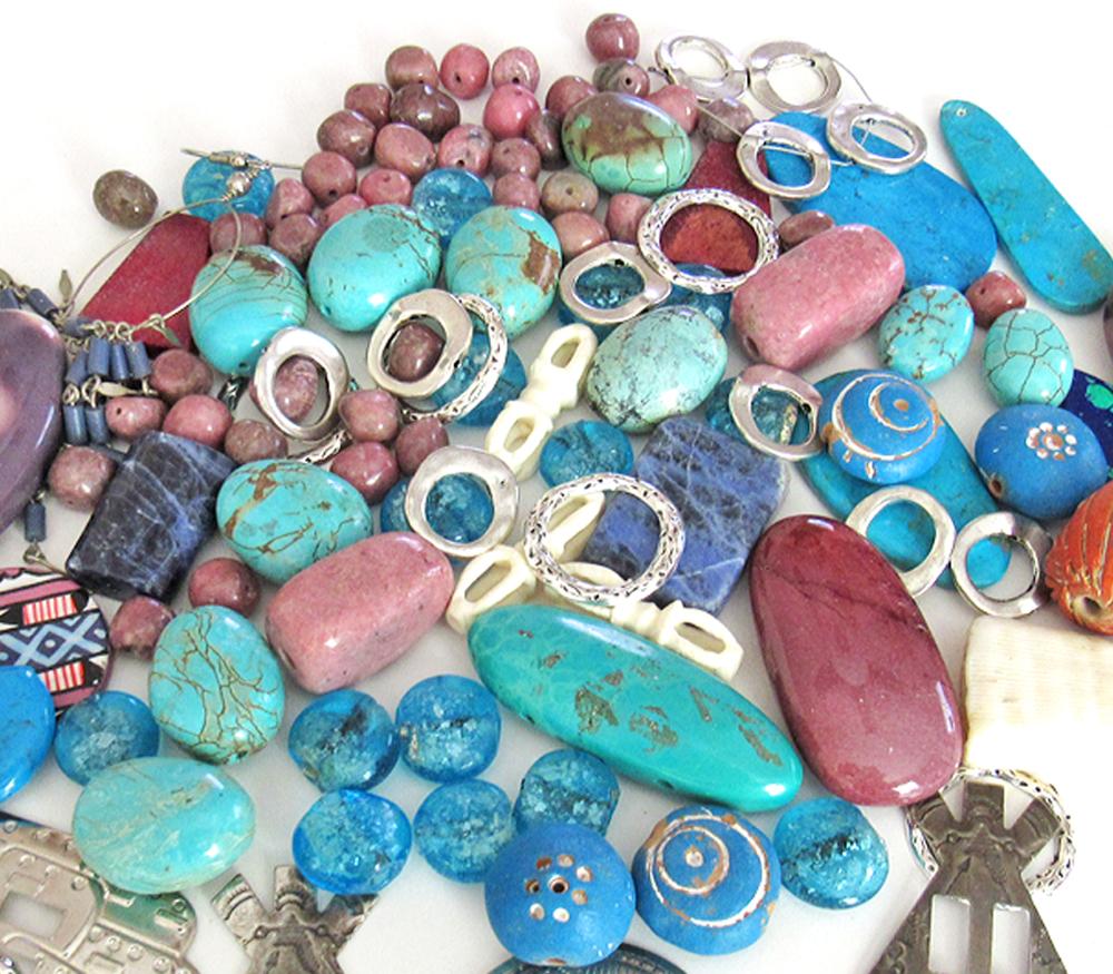 Jewelry Making Bead Lot of Mixed Gemstones, Beads, Metal Components, Southwest Conchos in Turquoise, Blue and Pink Hues