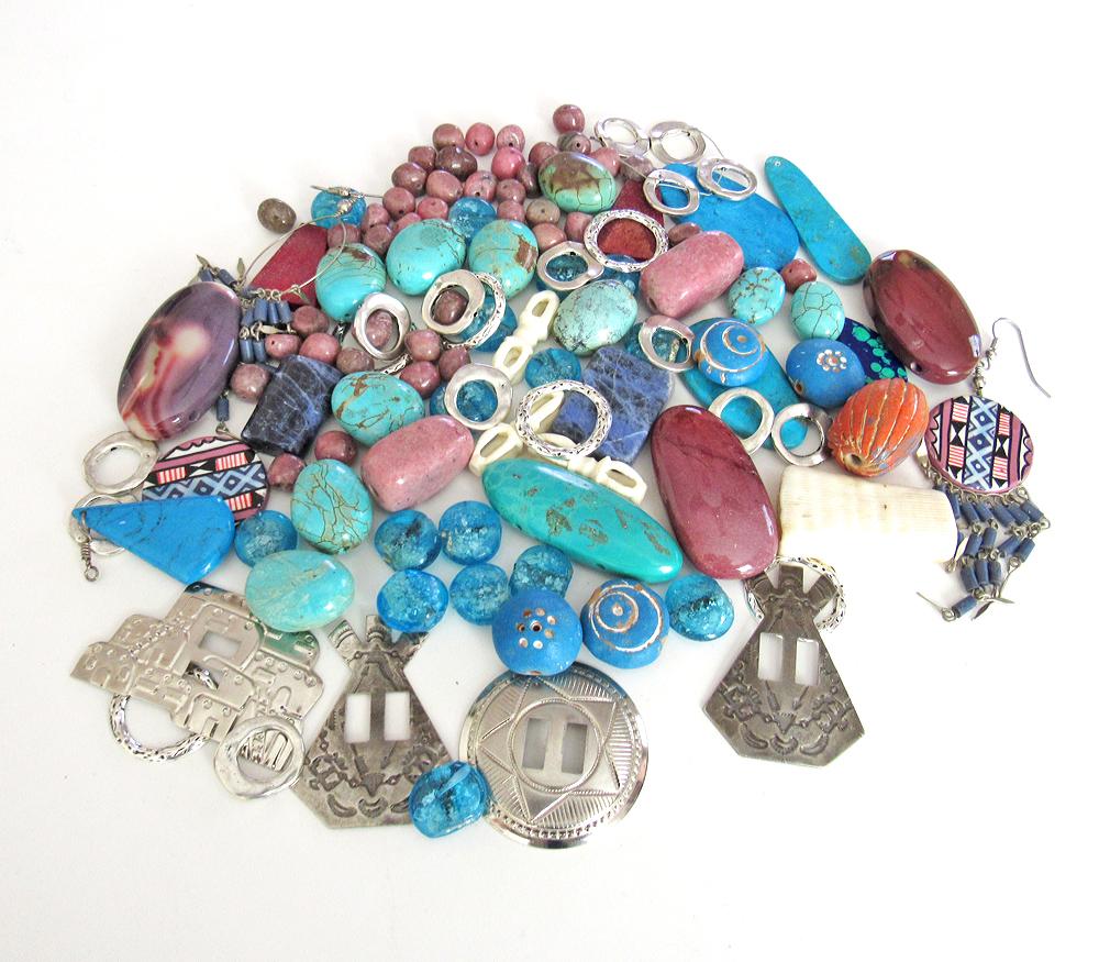 Jewelry Making Bead Lot of Mixed Gemstones, Beads, Metal Components, Southwest Conchos in Turquoise, Blue and Pink Hues