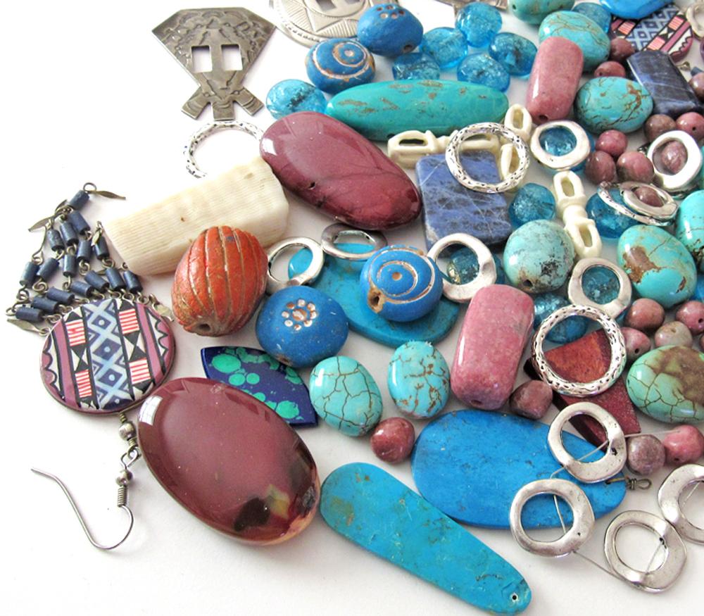 Jewelry Making Bead Lot of Mixed Gemstones, Beads, Metal Components, Southwest Conchos in Turquoise, Blue and Pink Hues