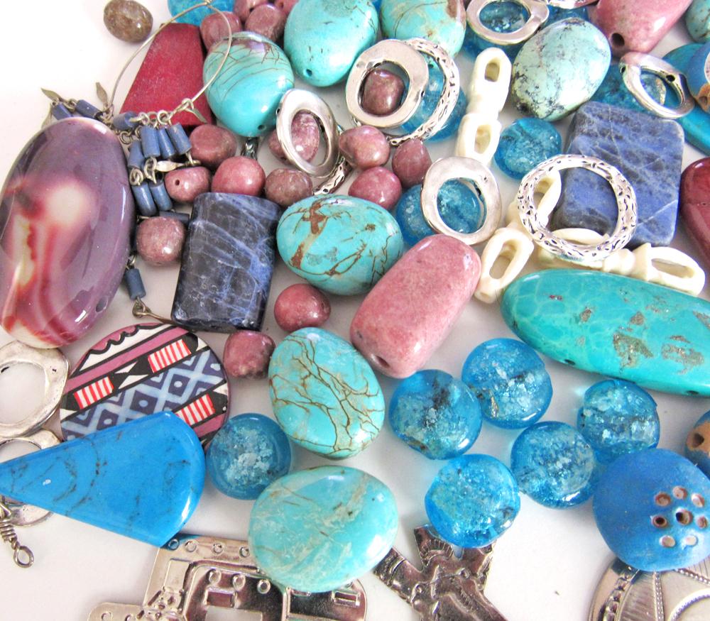 Jewelry Making Bead Lot of Mixed Gemstones, Beads, Metal Components, Southwest Conchos in Turquoise, Blue and Pink Hues