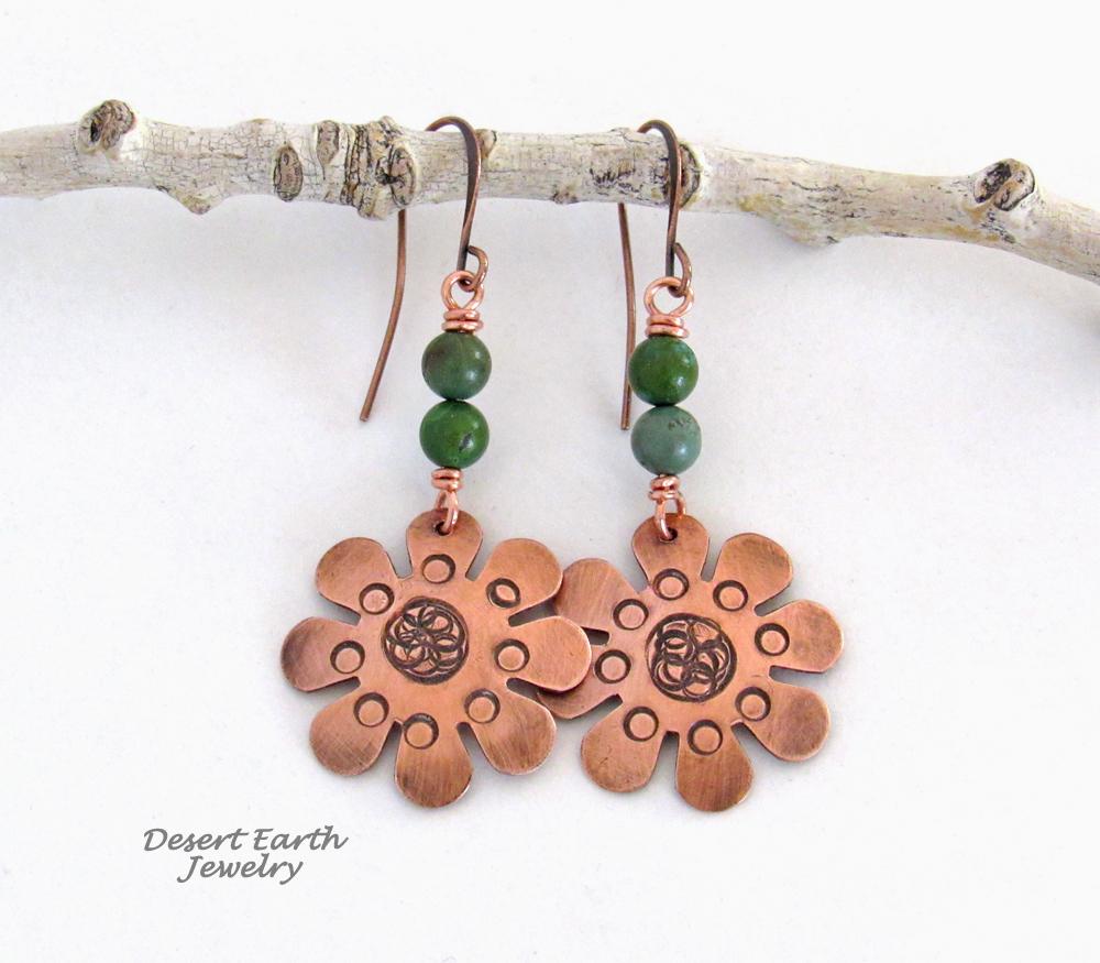 Copper Flower Earrings with Turquoise - Earthy Nature Inspired Handmade Jewelry 