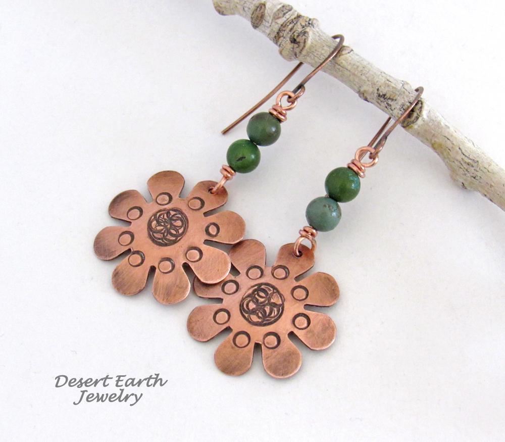 Copper Flower Earrings with Turquoise - Earthy Nature Inspired Handmade Jewelry 