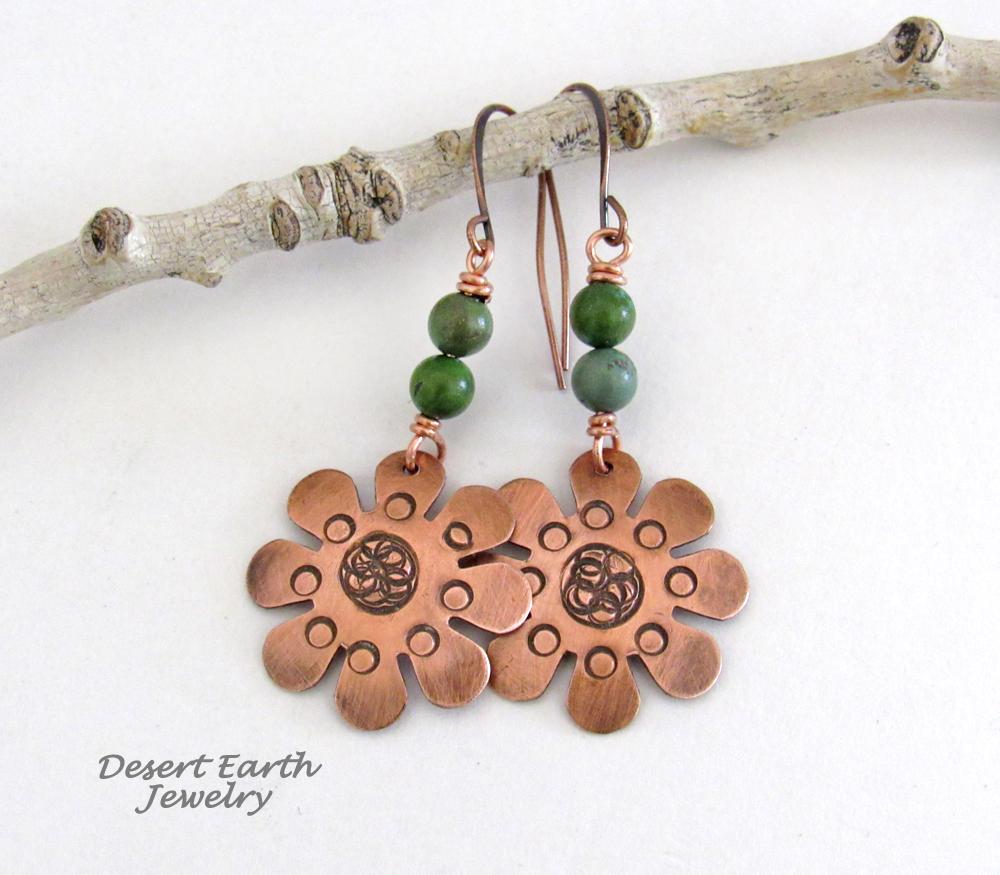 Copper Flower Earrings with Turquoise - Earthy Nature Inspired Handmade Jewelry 