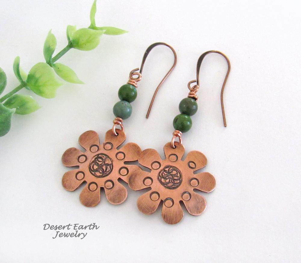 Copper Flower Earrings with Turquoise - Earthy Nature Inspired Handmade Jewelry 