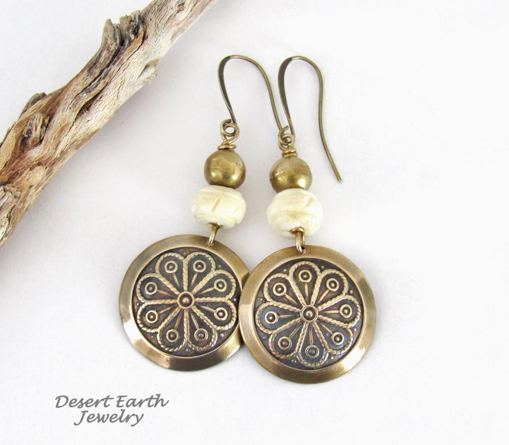 Boho Tribal Brass Earrings with African Carved Bone Beads - Handmade Ethnic Bohemian Moroccan Style Jewelry