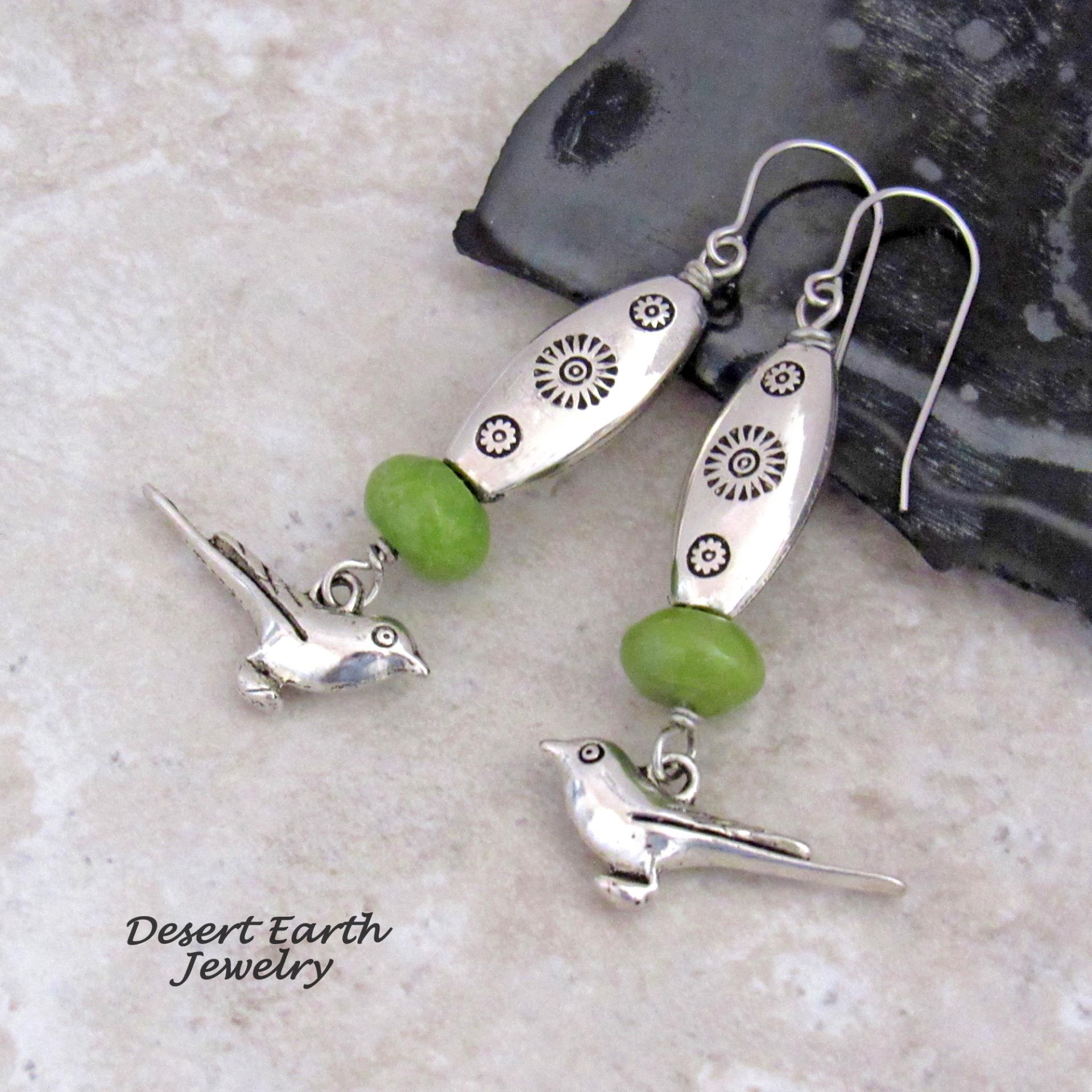Pewter Bird Dangle Earrings with Green Serpentine Gemstones and Silver Tone Beads - Unique Jewelry Gifts for Nature and Bird Lovers