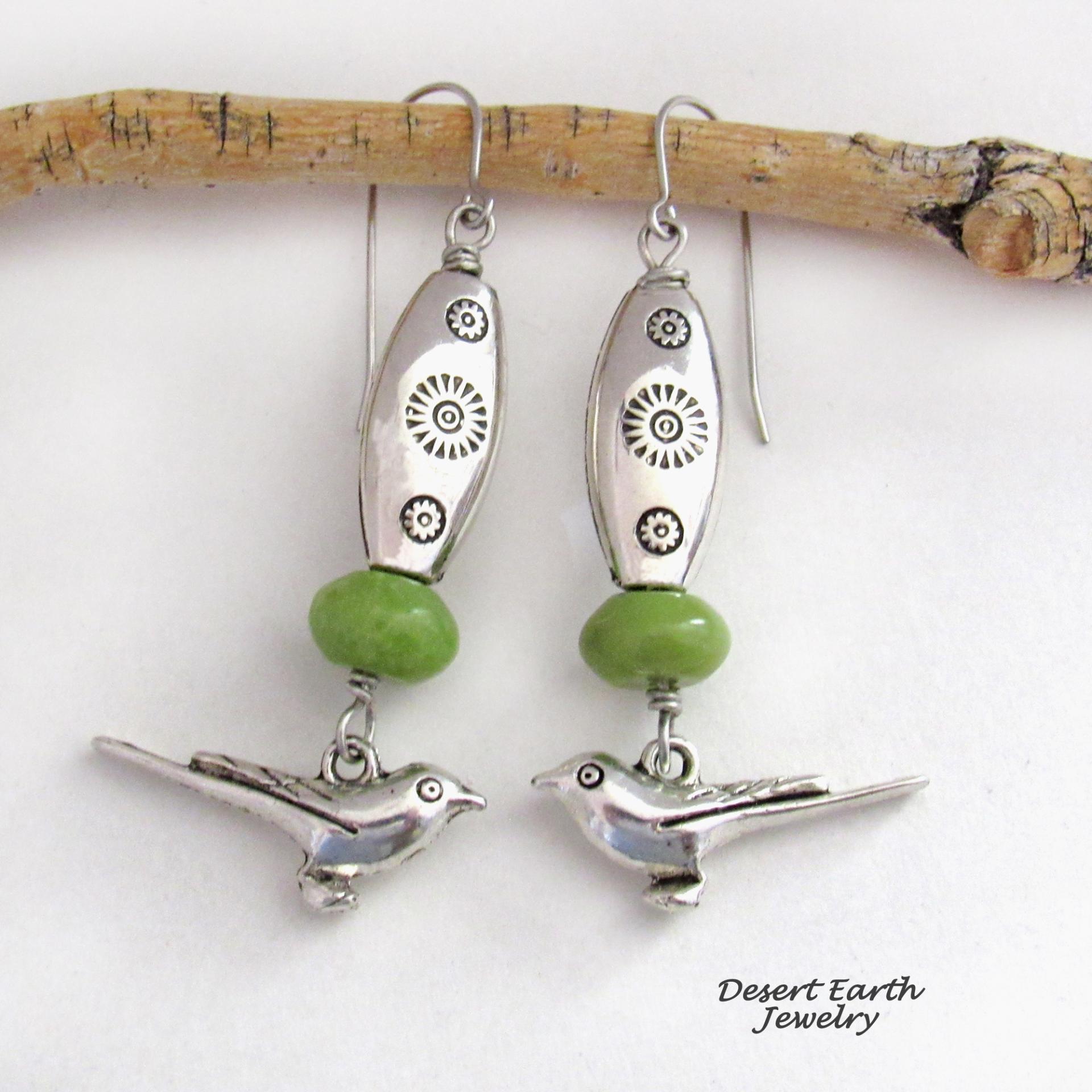 Pewter Bird Dangle Earrings with Green Serpentine Gemstones and Silver Tone Beads - Unique Jewelry Gifts for Nature and Bird Lovers