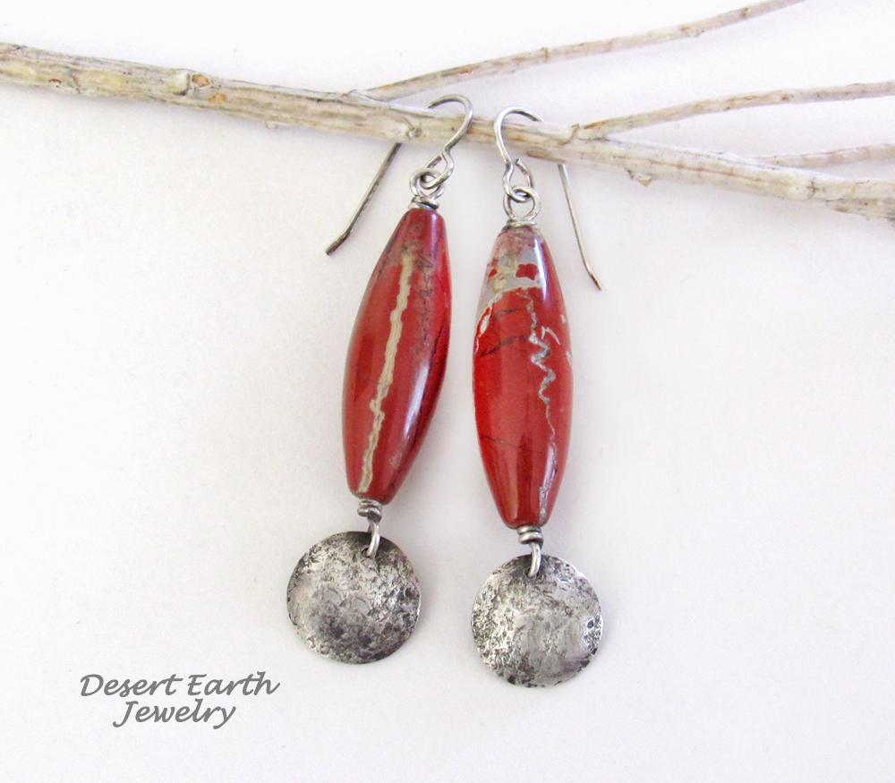 Red Jasper Stone Earrings with Small Sterling Silver Hammered Dangles - Handmade Earthy Natural Stone Jewelry 