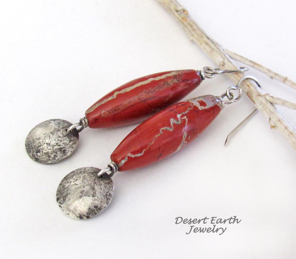 Red Jasper Stone Earrings with Small Sterling Silver Hammered Dangles - Handmade Earthy Natural Stone Jewelry 