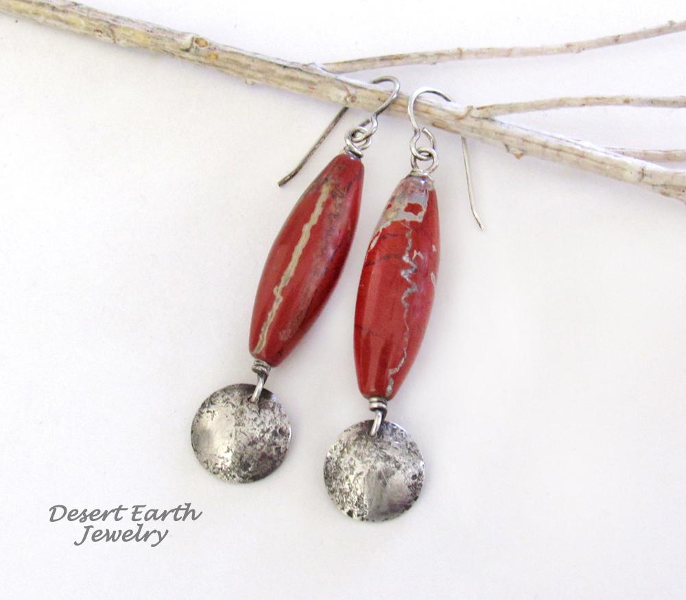 Red Jasper Stone Earrings with Small Sterling Silver Hammered Dangles - Handmade Earthy Natural Stone Jewelry 