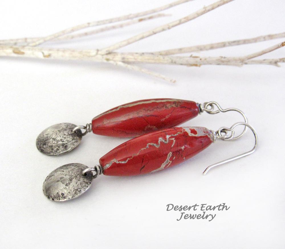 Red Jasper Stone Earrings with Small Sterling Silver Hammered Dangles - Handmade Earthy Natural Stone Jewelry 