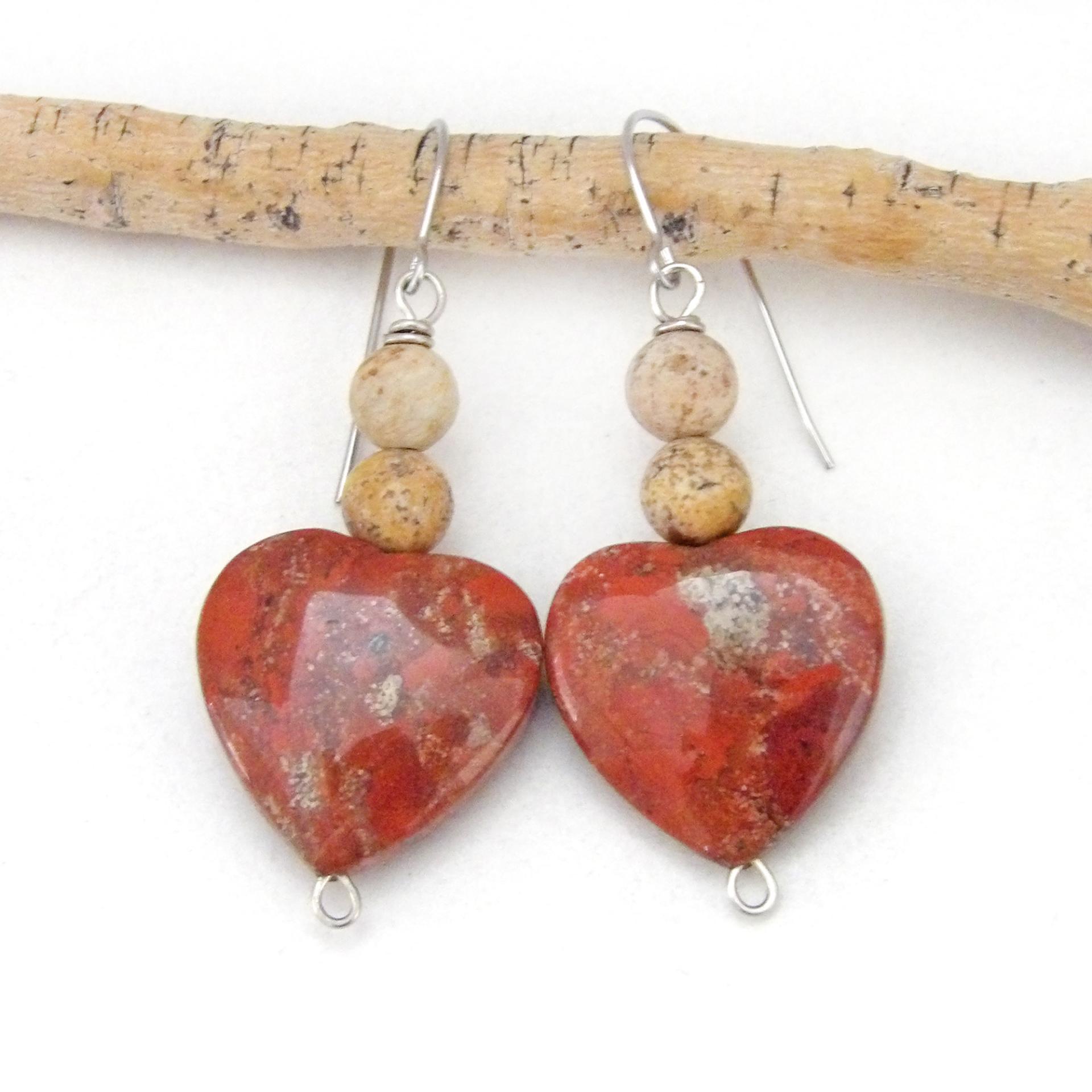Brecciated Red Jasper Heart Earrings with Picture Jasper Gemstones