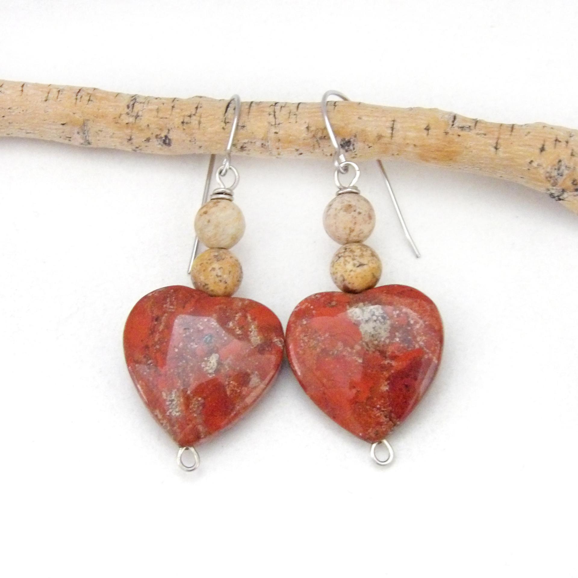 Brecciated Red Jasper Heart Earrings with Picture Jasper Gemstones