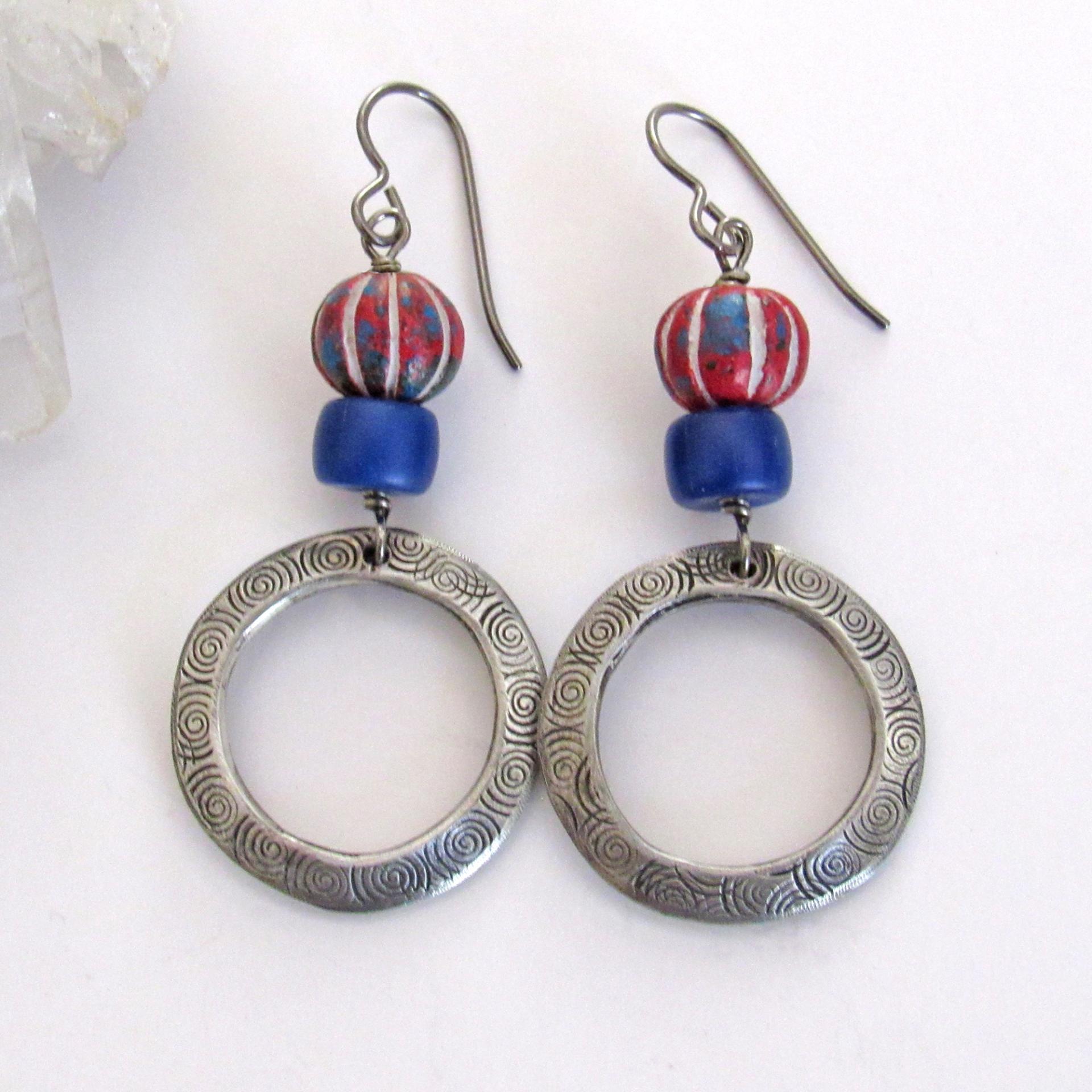 Silver Tone Pewter Earrings with Red White and Blue Carved Clay and Navy Blue Glass Beads - Patriotic USA Colors