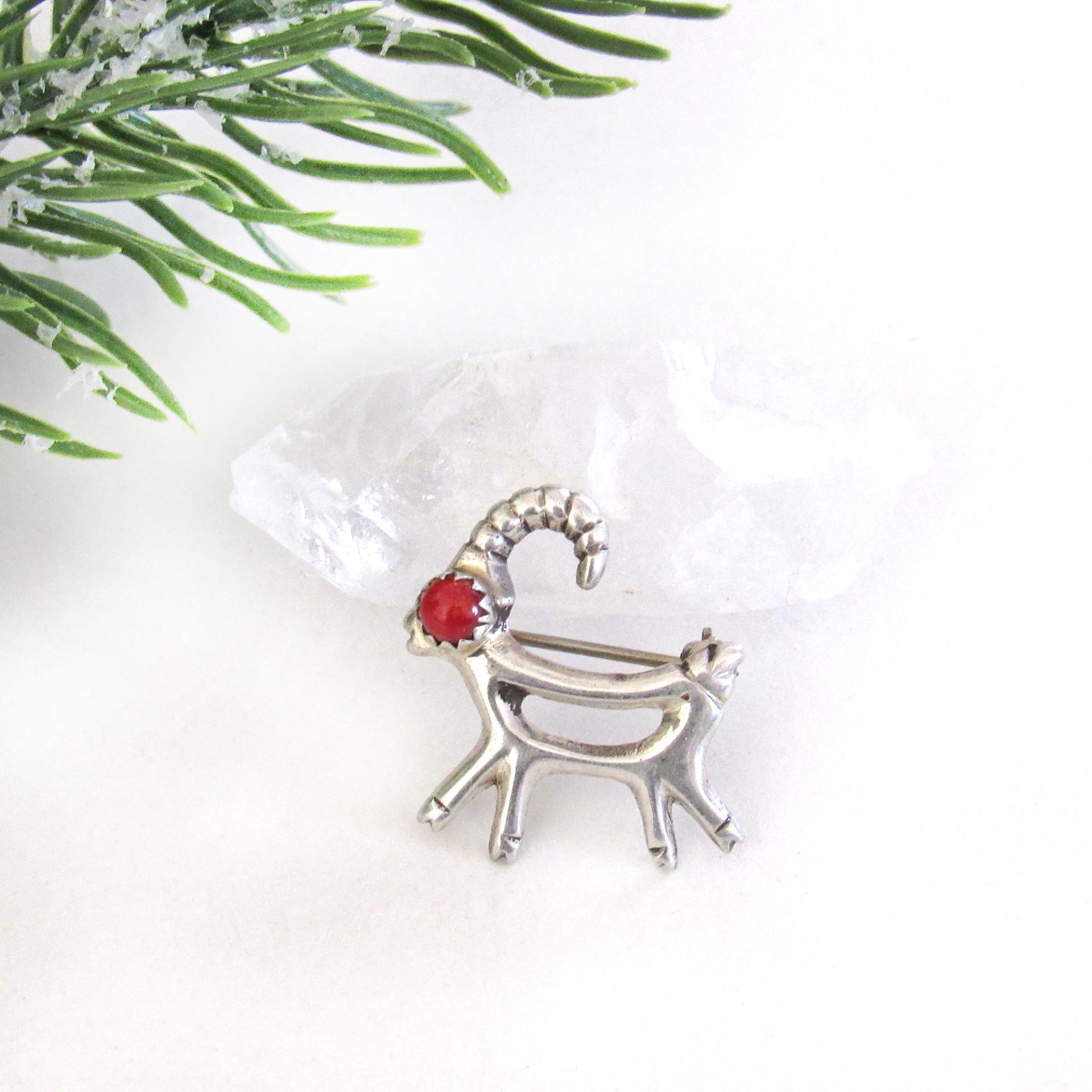 Small Sterling Silver Antelope Reindeer Pin with Red Coral - Christmas Holiday Jewelry Gift for Animal Lovers