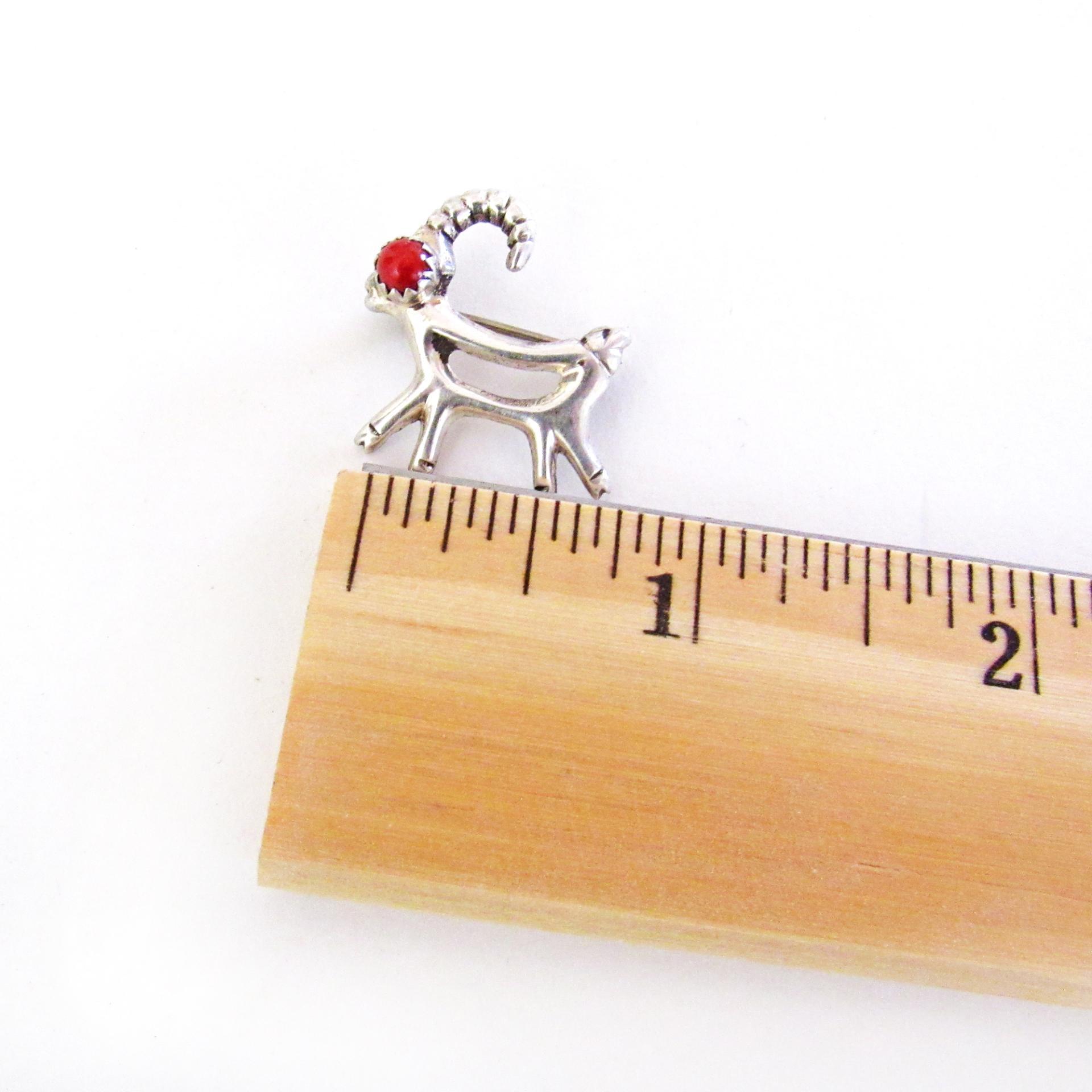 Small Sterling Silver Antelope Reindeer Pin with Red Coral - Christmas Holiday Jewelry Gift for Animal Lovers