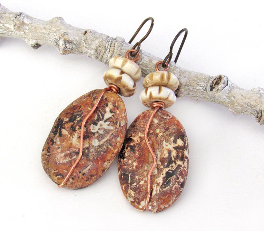 Rusty Brown Agate Earrings Wrapped in Copper Wire - Earthy Natural Stone Jewelry