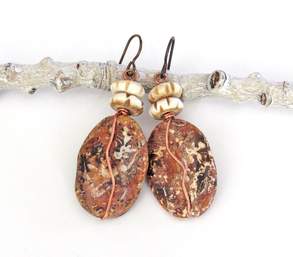 Rusty Brown Agate Earrings Wrapped in Copper Wire - Earthy Natural Stone Jewelry