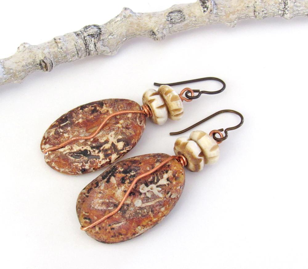 Rusty Brown Agate Earrings Wrapped in Copper Wire - Earthy Natural Stone Jewelry