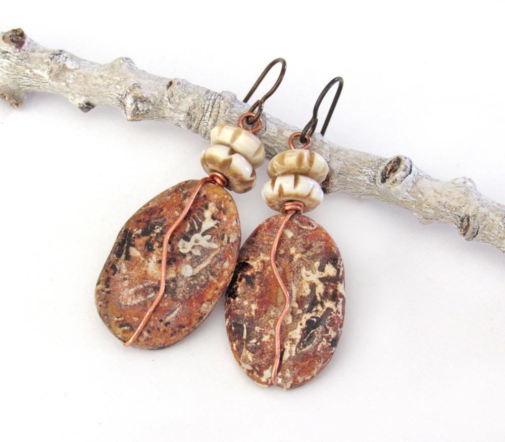 Rusty Brown Agate Earrings Wrapped in Copper Wire - Earthy Natural Stone Jewelry