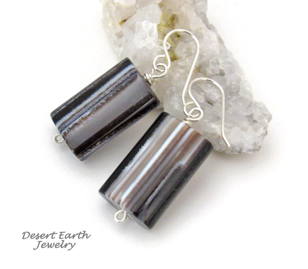 Black & White Sardonyx Stone Earrings with Sterling Silver - Modern Minimalist Gemstone Jewelry for Women