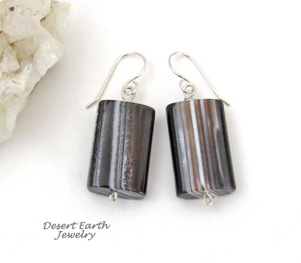 Black & White Sardonyx Stone Earrings with Sterling Silver - Modern Minimalist Gemstone Jewelry for Women