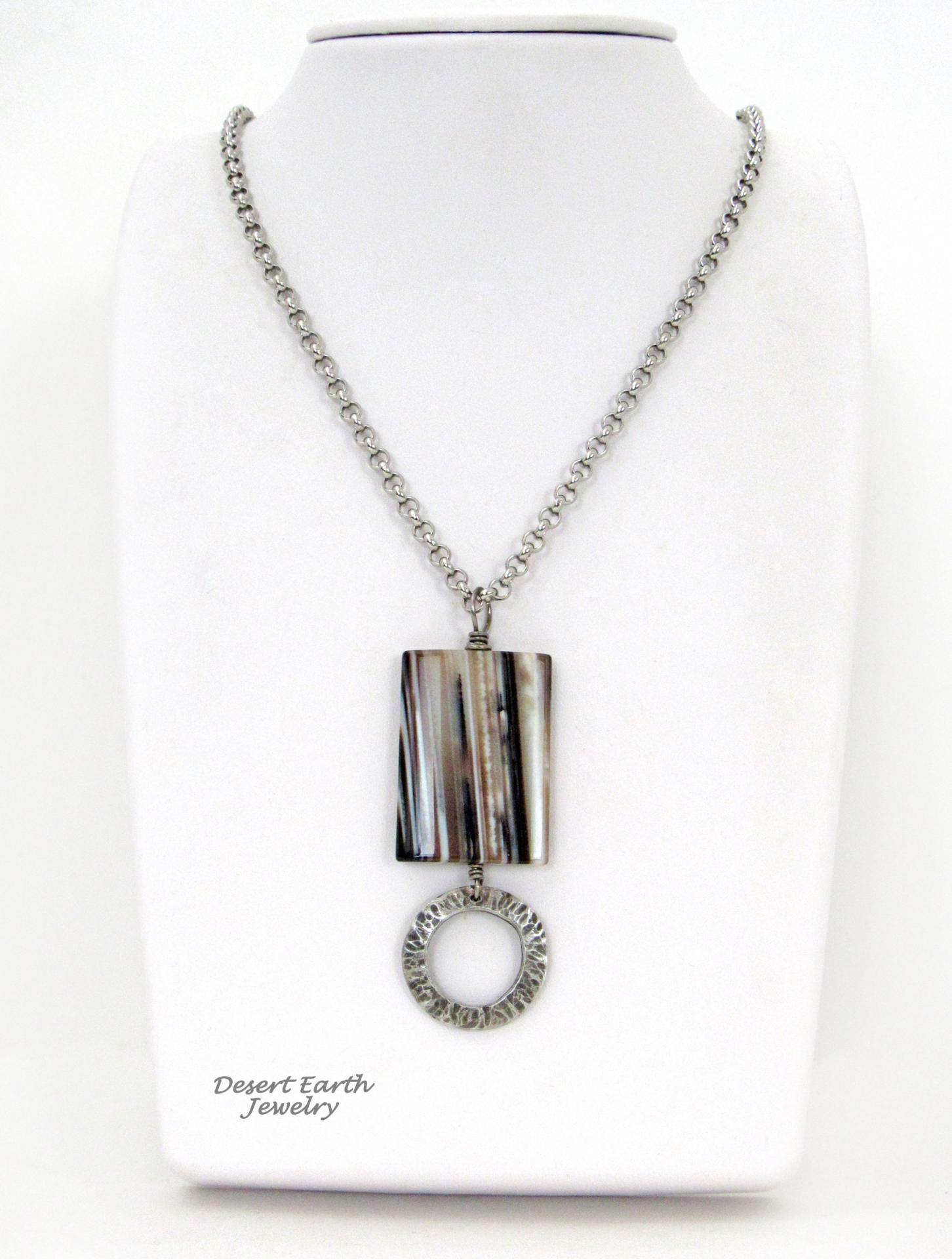 Black White Sardonyx Stone Necklace with Pewter Circle Hoop Dangle - Modern Gemstone Jewelry for Women