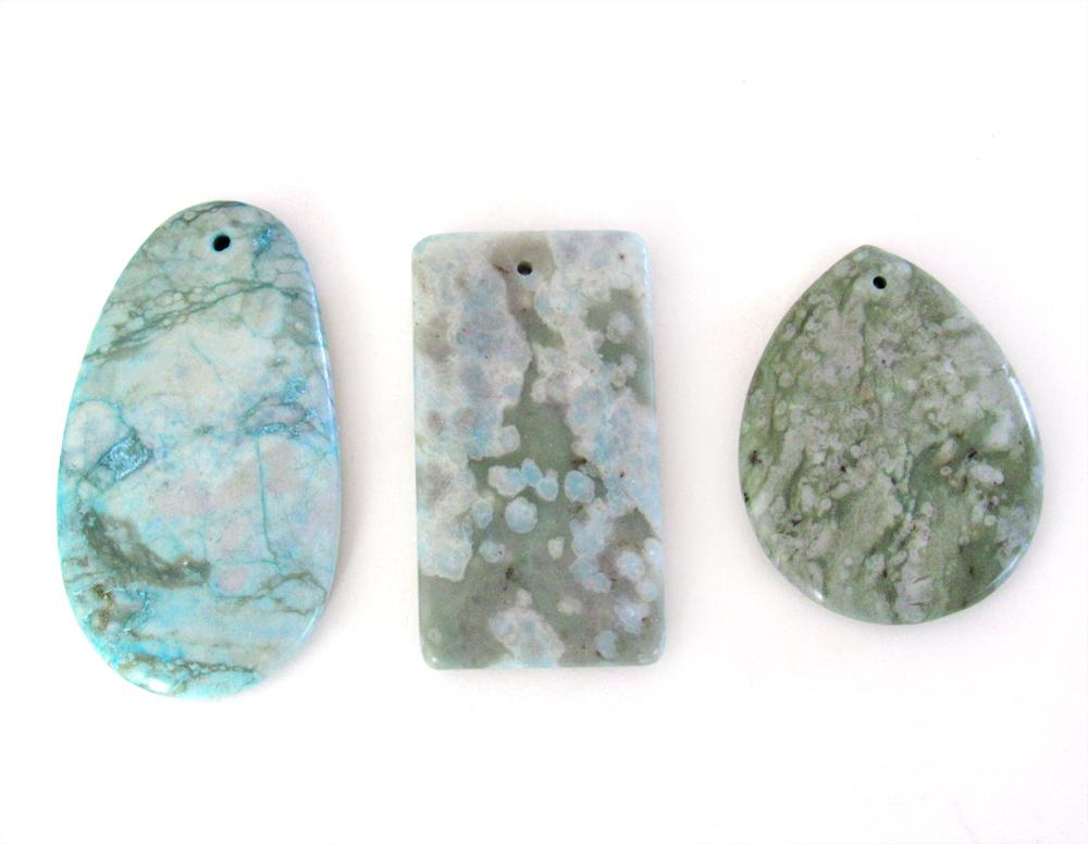 Blue Sea Sediment Jasper Pendant Beads for Jewelry Making - Set of 3 