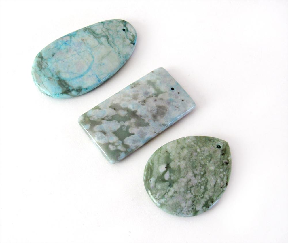 Blue Sea Sediment Jasper Pendant Beads for Jewelry Making - Set of 3 