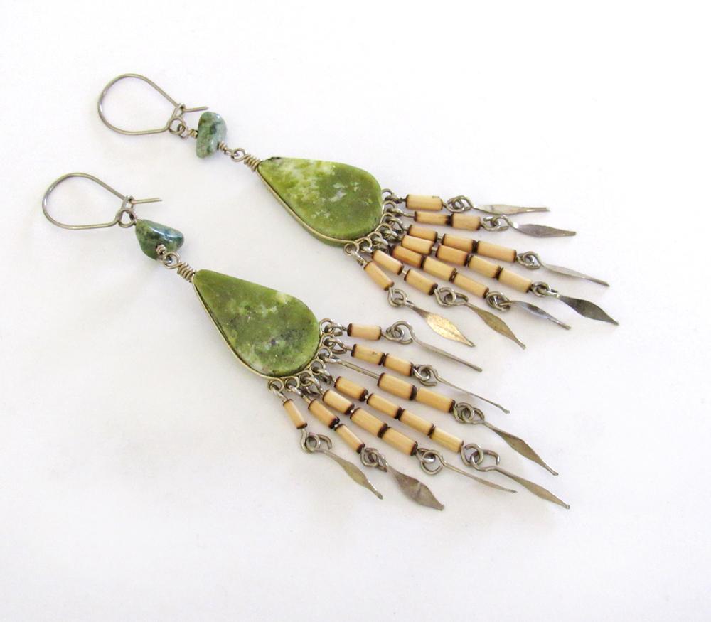 Long Bohemian Gypsy Fringe Dangle Earrings with Green Serpentine Stones - Vintage Boho Hippie Fashion Jewelry